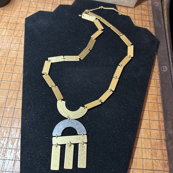 Gold Tone Metal Geometric Link Necklace 21.5”L Earthy Tribal Boho EVC Signed M - Picture 6 of 9